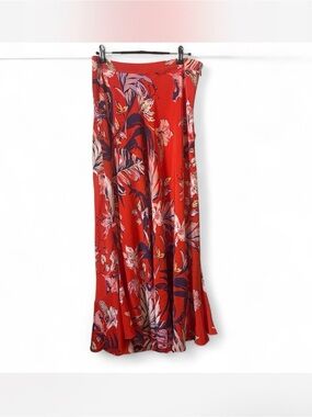 100% Silk Floral Red Orange Maxi Skirt HD in Paris
